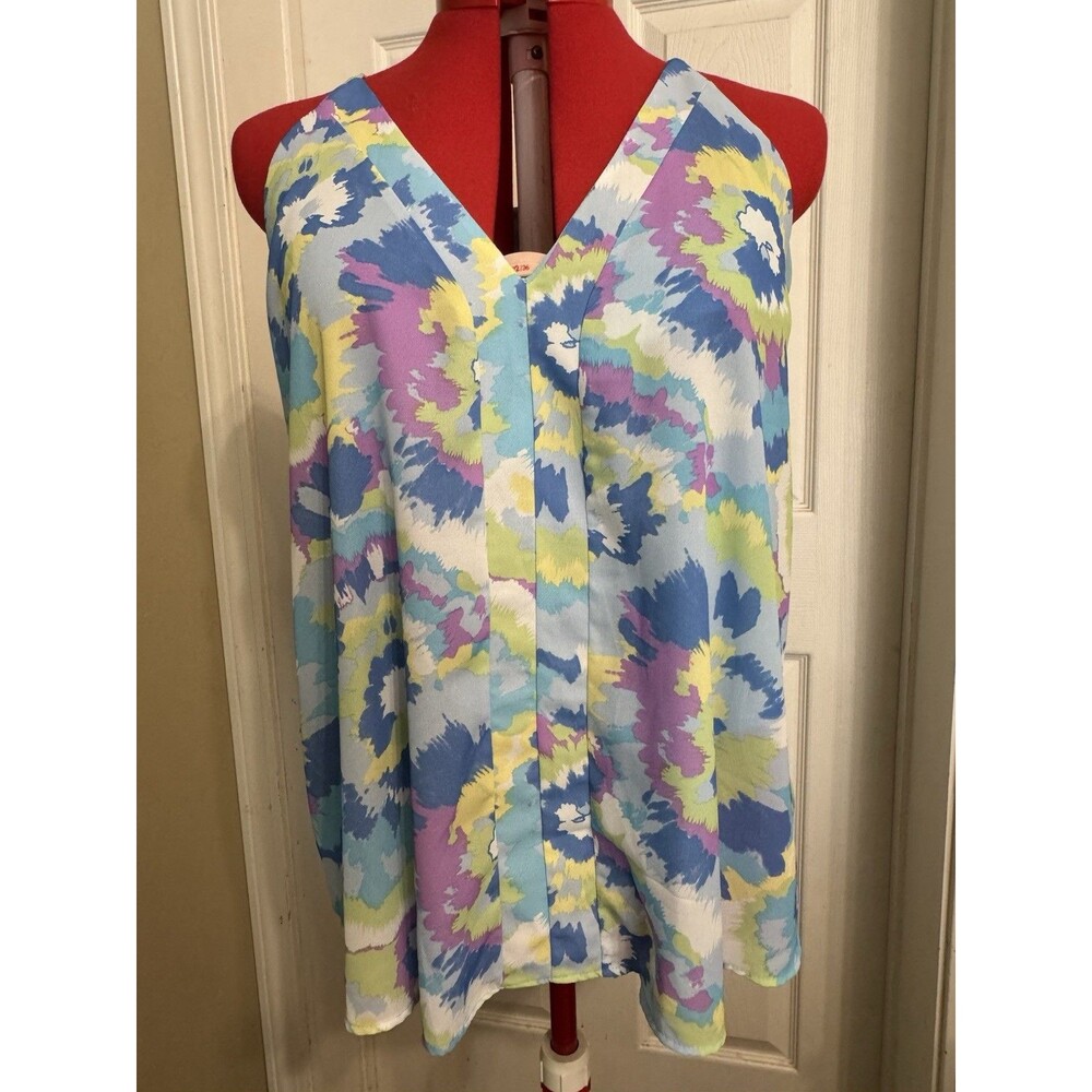 Adrienne Women’s Large Sleeveless Halter Tank Top Blue Floral Watercolor Lined